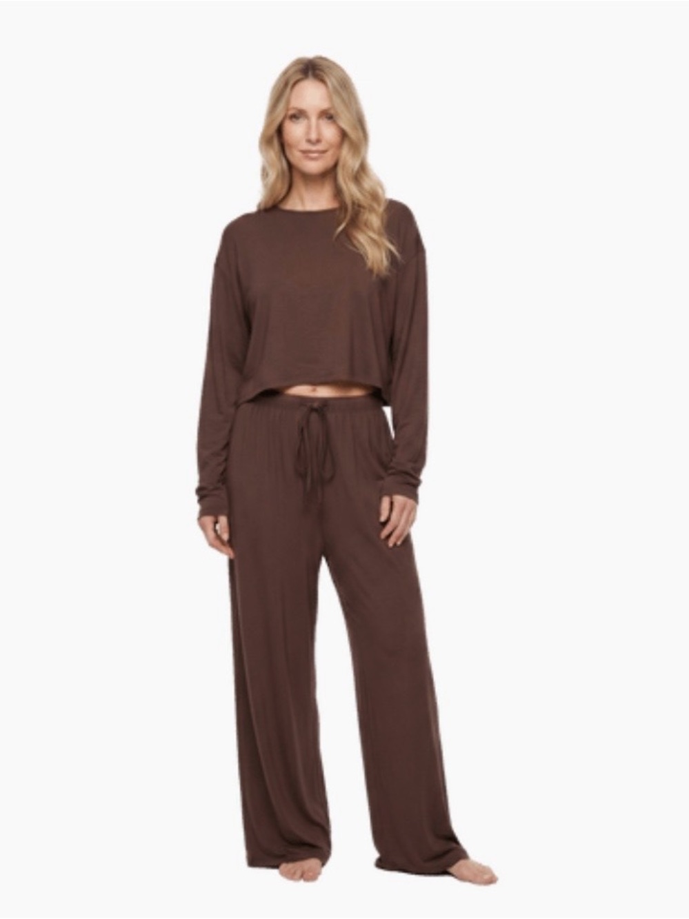 BUMPSUIT Cloud Lounge Set Crop Long Tee & Wide Leg Pants in Choc Small NWT